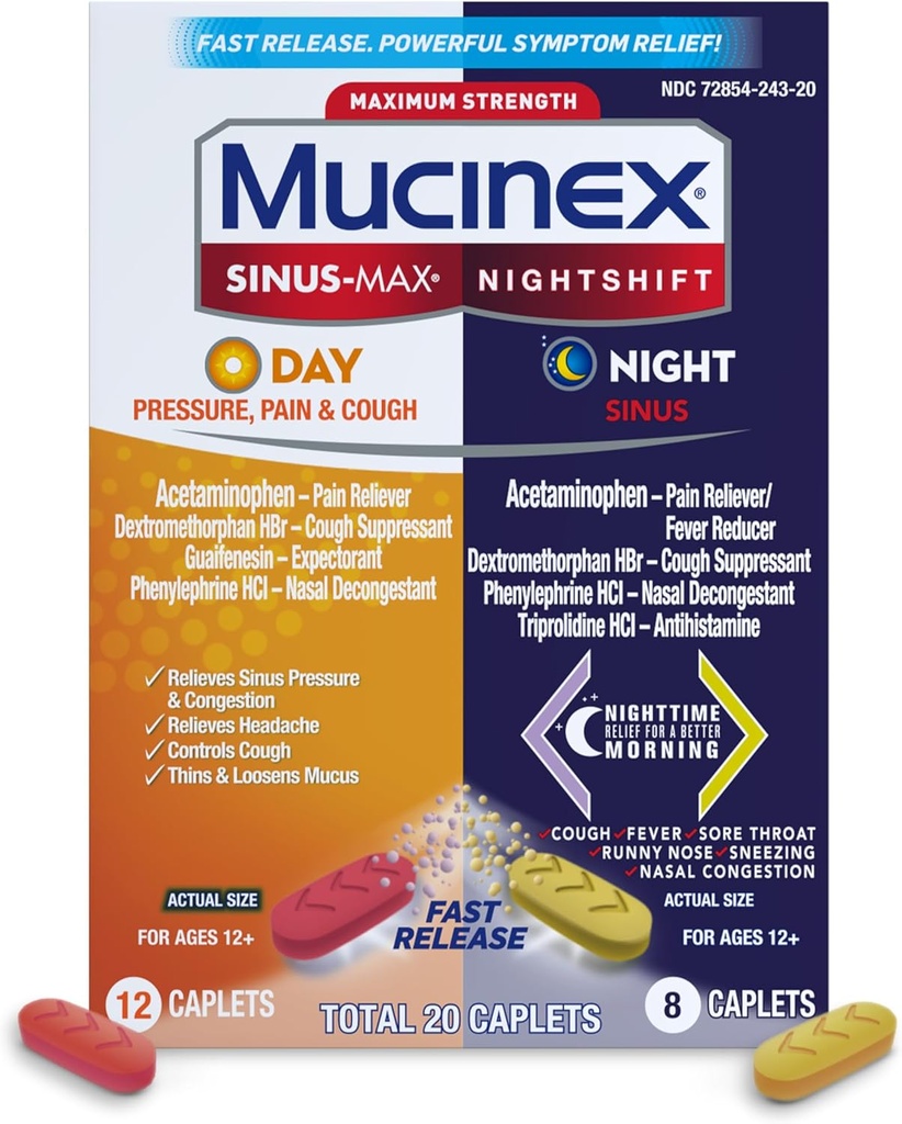 Mucinex Pressure, Skausmas & Cough & NightShift ® Sinus Caplets 20ct