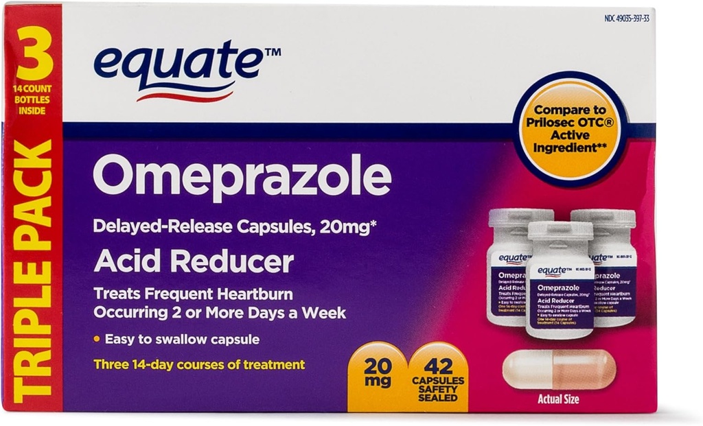 Equate - Omeprazol Magneziu 20,6 mg, Reductor acid, eliberare întârziată, 42 capsule (Pachet de 2)