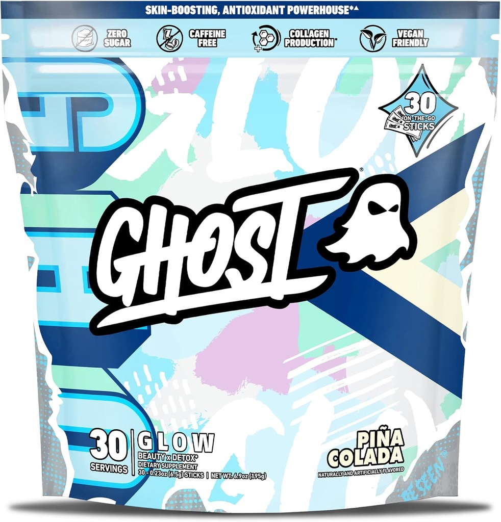 GHOST Glow Sticks: Skjønnhet og Detox Supplement - 30 On-The-Go Stick Packs, Pina Colada - Hyaluronsyre, Biotin & L-Theanine for hud-Boosting Support - Sukkerfri, Glutenfri