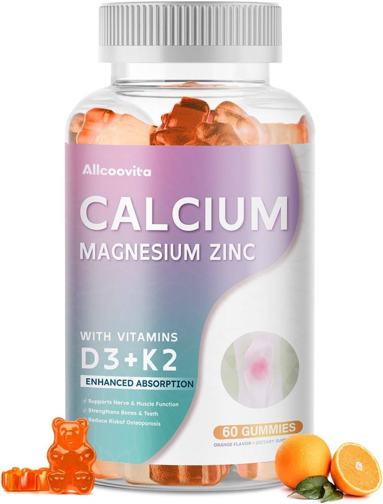 Gummie di zinco di magnesio di calcio con vitamina D3 & K2 - Assorbimento potenziato ad alta potenza -60 Gummie arancio aromatizzate.