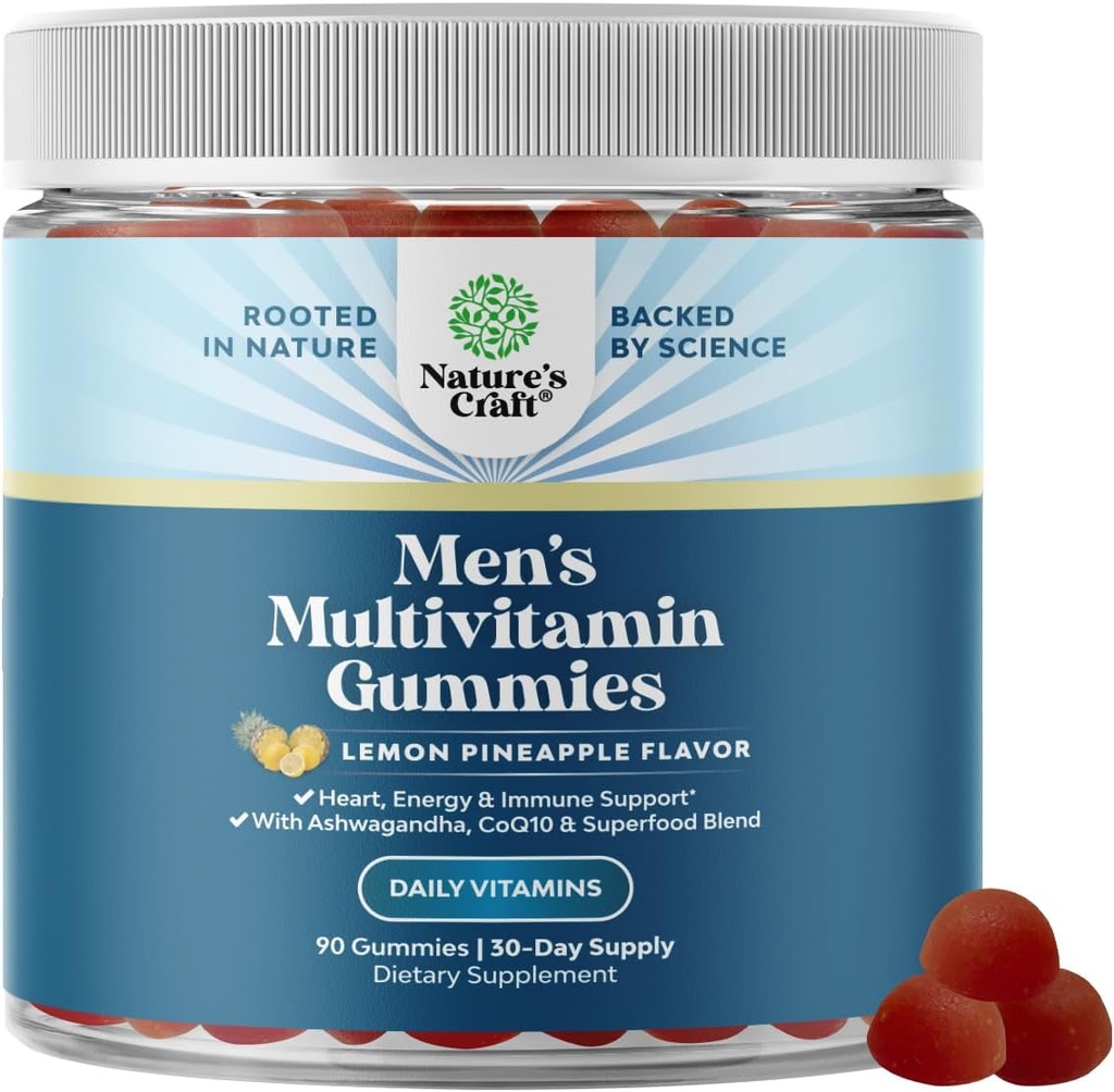 Gommie Multivitaminiche di Nature Craft Uomo con Superfood Complex - Multivitaminico giornaliero per Uomini Gummies con CoQ10 e Ashwagandha per l'energia e il supporto immunitario - Adult Gummy Essential Minerals