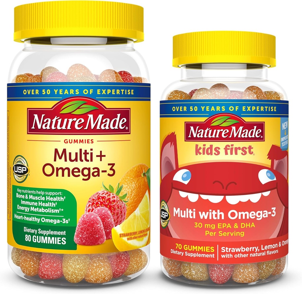 Nature Made Adult & Kids Multiвитамини Gummies Combo Pack, Multis with Vitamin C, Vitamin D3, B Витамини, Цинк, Омега 3 Fish Oil & More, Две мултивитаминни бутилки за цялото семейство