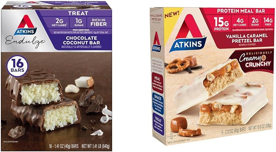Atkins Chocolate Coconut Bar 16 Conde, Vanilla Caramel Pretzel Protein Meal Bar 5 Conde