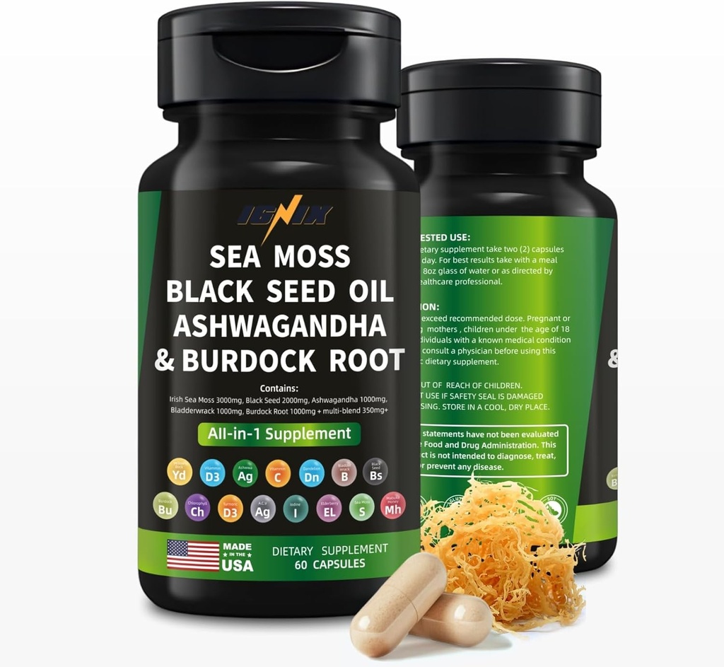 IGNX Dietary phụ trợ với Sea Mos, Black hạt giống, Ashwaganda, và Burdock Root-Iish Sea 3000mg, Black Dòng Dõi 2000mg, Ashwagandha 1000mg, Bladderwrack 1000mg, Burdock Root 1000mg.
