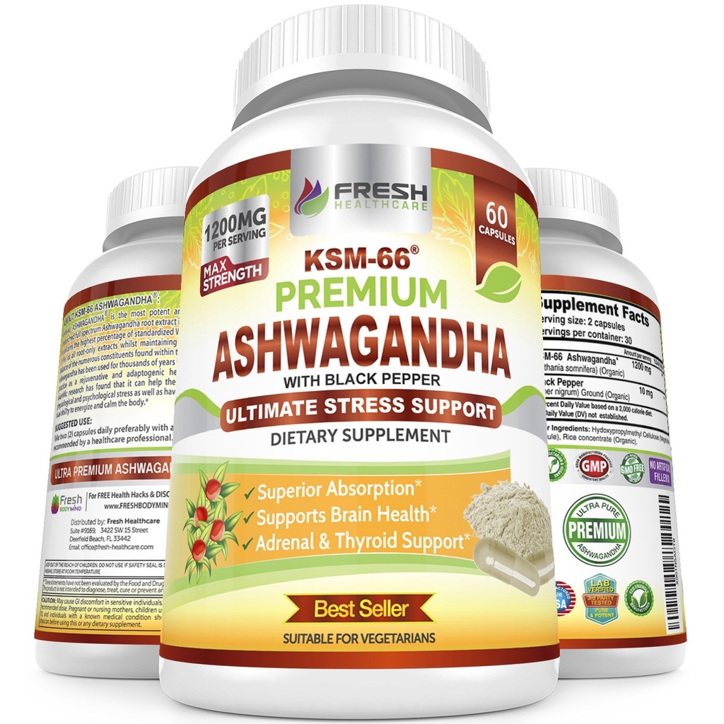 FRESH HEALTHCARE Ashwagandha Capsules KSM-66 1200mg Pure Root Extract with Black Pepper for High Absorption - Potent Ashwagandha Supplement - 60 Vegan Capsules
