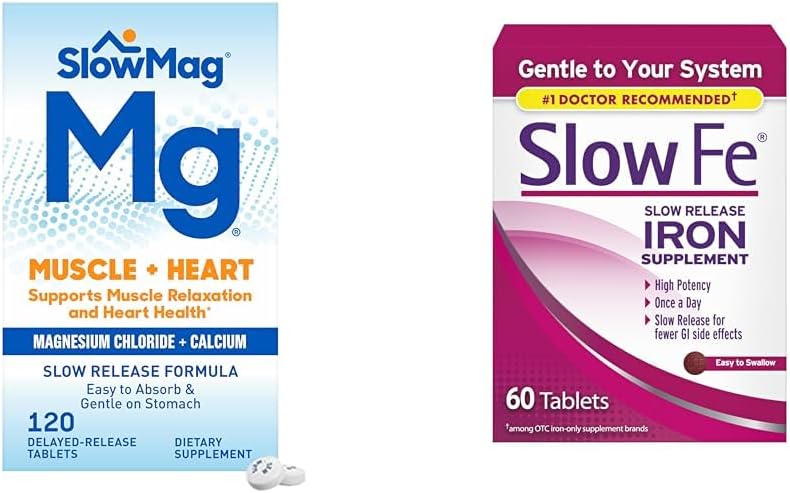 SlowMag Muscle Heart Magnésium Chlorure Calcium 120 Compte & Slow Fe 45mg Supplément de carence en fer 60 Compte