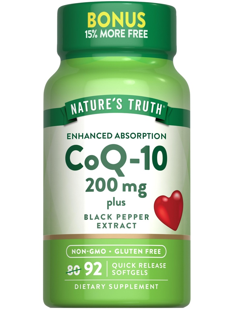 Nature's Truth CoQ10 200 mg Softgels | 92 Count | Enhanced Absorption | with Black Pepper Extract | Non-GMO & Gluten Free Supplement