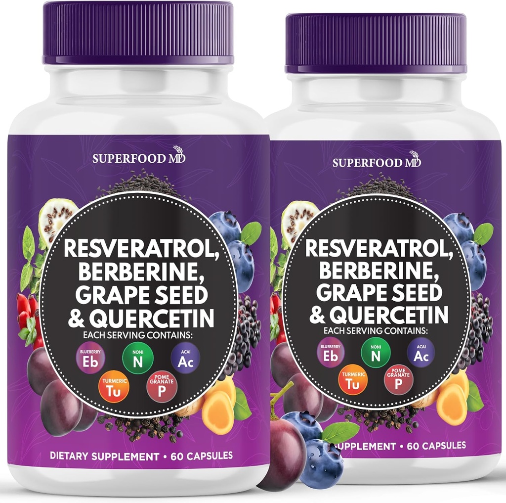 Resveratrol Berberine 포도씨 추출물 Quercetin - Noni 추출물, N-Acetyl Cysteine, Acai 추출물을 가진 Polyphenol 보충교재 - 미국에서 만드는 - 120의 캡슐
