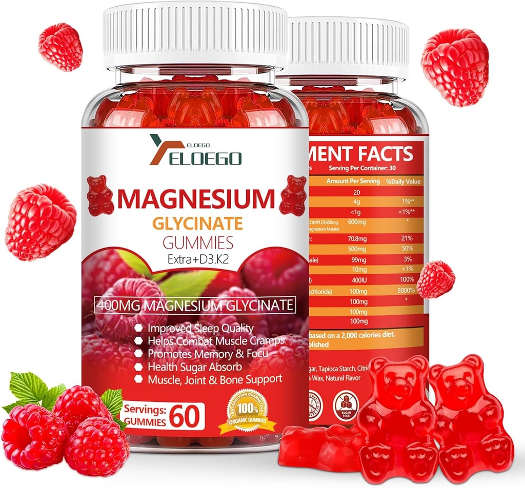 Magnio glicinatas Gummies 600mg (magnio malatas 200mg), Ekstra K2 & D3, High Absorption Magnio priedas Miego, Stress Relief, Nerve Support, Aviečių (60 Count)