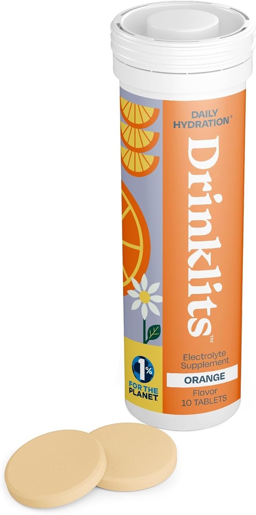 Drinklits Comprimidos Eletrolíticos Laranja para Hidratação - Grande gosto - 0g Açúcar - Eletrolitos Essenciais - Uso Diário - Único tubo (10 Comprimidos / Servidores)
