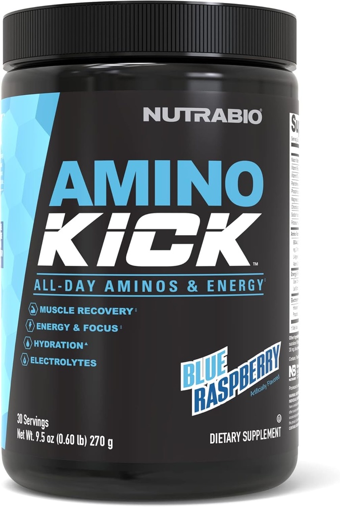 NutraBio Amino Kick - Natural Caffeine ilə BCAA Toz - Enerji, Hichiz və Recovery üçün Amino Acids əlavə - BCAAs, Electrolytes & Amino Acids – Blue Raspberry, 30 Xidmət