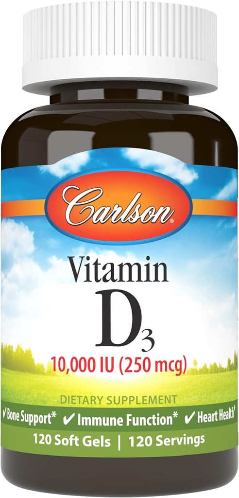 Carlson - Vitamina D3, 10000 IU (250 mcg), Integratori di vitamina D, Supporto Bone & Immune, Vitamina D3 Softgels, Salute Del Cuore, Gluten Free Vitamin D Capsule, 120 Softgels