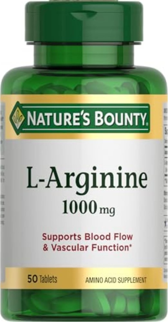 Naturens Bounty L- Arginin 1000mg til understøtning af blodgennemstrømning og vaskulær funktion - Non-GMO, Gluten Free, 50 tabletter