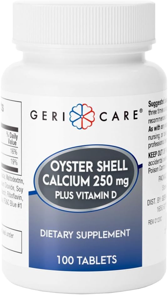 Gericare Oyster Shell Calcium 250 מ"ג, ויטמין D 125IU Tablet, תוסף תזונה לבריאות העצם, 100 הרוזן (Pack of 1)