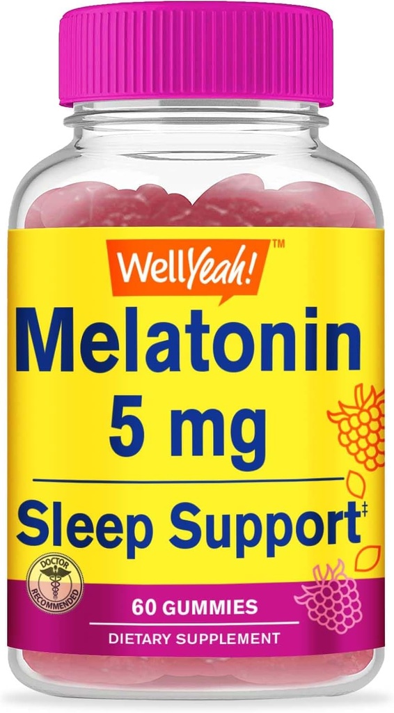Wellyes Melatonin Gummies 5 mg - Natural Sourced Flavors - Drogarik gabeko Gummy osagarria - Gluten Free eta Gelatin Free, Vegetarian - 60 Gummies
