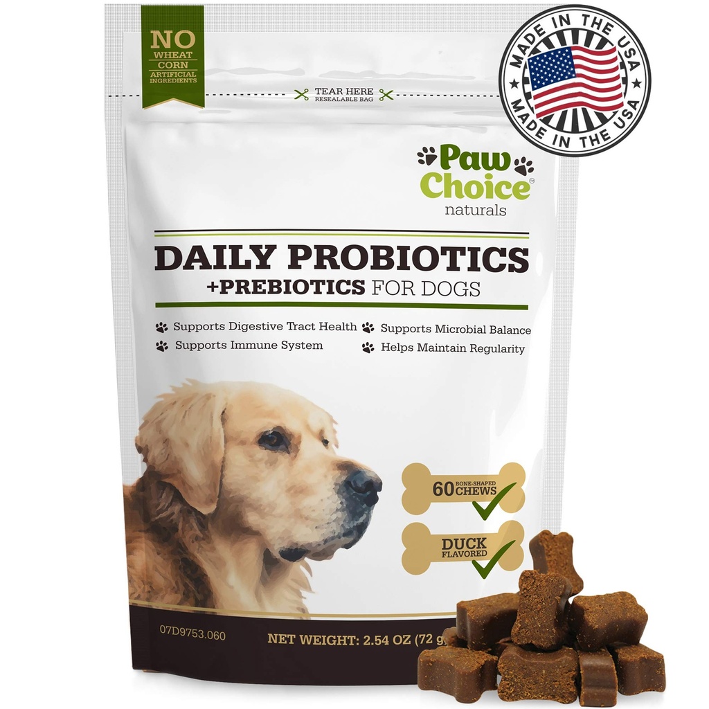 Paw Choice Probiotics for Dogs with Prebiotics - Daily Chews for Gut Health, Digestion, Regularity, and Immune Support - Natural Supplement Treat Made in USA