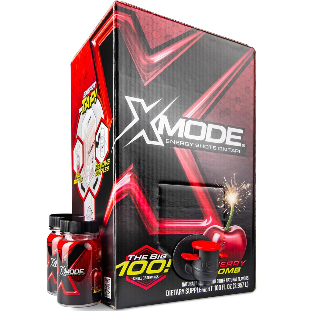 XMODE Extra Strength Energy Shots on Tap – Cherry Bomb Flavor, Sugar Free, 150mg Koffein pro Unze, B12, 100 (1oz) Servierungen, Spender mit 2 nachfüllbaren Flaschen