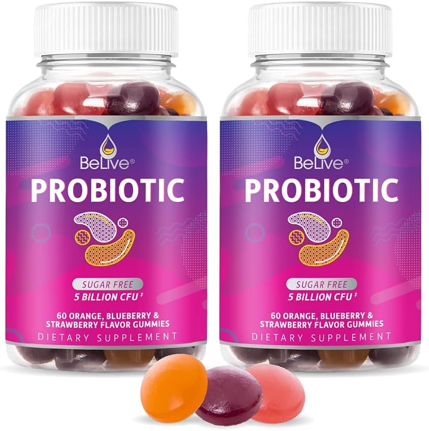 BeLive Probiotic Gummies - Probióticos con 25.000 millóns de FUs para a saúde Digestiva, homes, mulleres e nenos suplementos probióticos para o apoio inmune, Sugar Free & Vegan - Blueberry, Strawberry & Orange | 2Pack