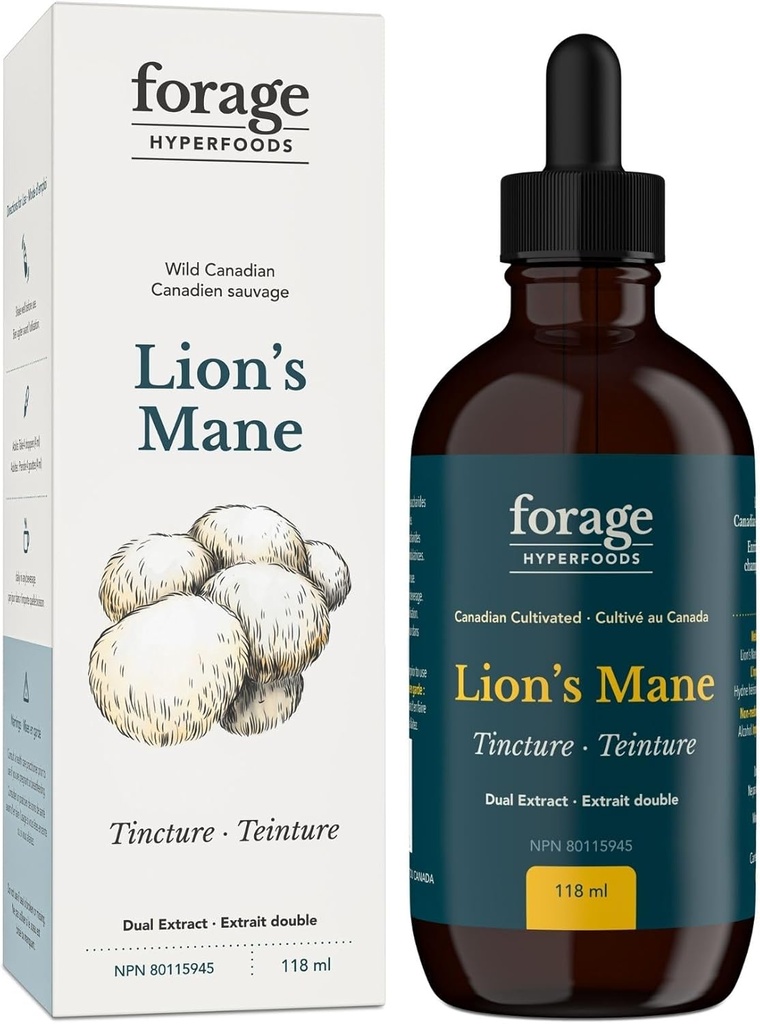 Forage Hyperfoods- Original Canadian Grown Lion's Mane Mushroom Superfood Liquid Appliment Extract Tincture, Vegan, Non-GMO, Natural Brain Aid- Memory Impprove and Nerve Support 118ML