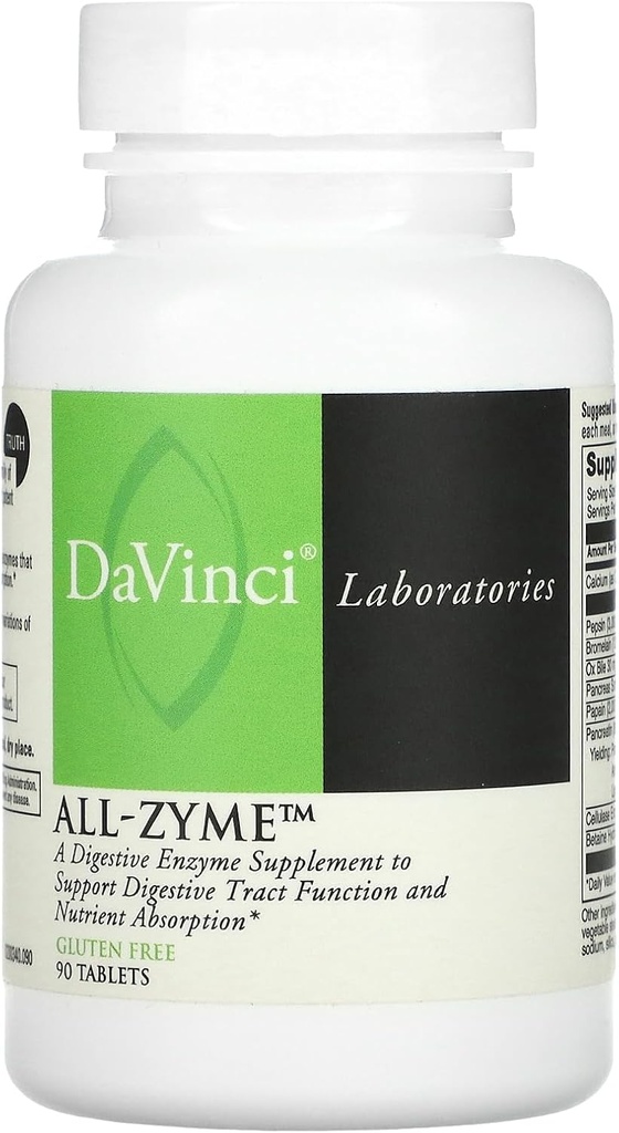 Davinci Laboratories - All- Zyme, Proteoliziniai fermentai ir virškinamojo fermento papildas, Bloating, dujos, vidurių užkietėjimas, ir bendra sveikata, Non-GMO ingredientai, 90 tablečių