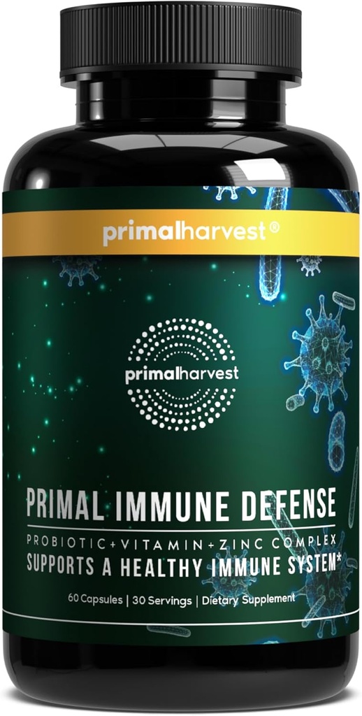 Primal Harvest Primal Immune Defense 10-i-1 Immune Defense Supplement: med 7 miljarder CFU Probiotics, Zink, Vitamins C, B6, D3, K2 - Immune Boosters for Adults 60 Capsules (1 Pack)