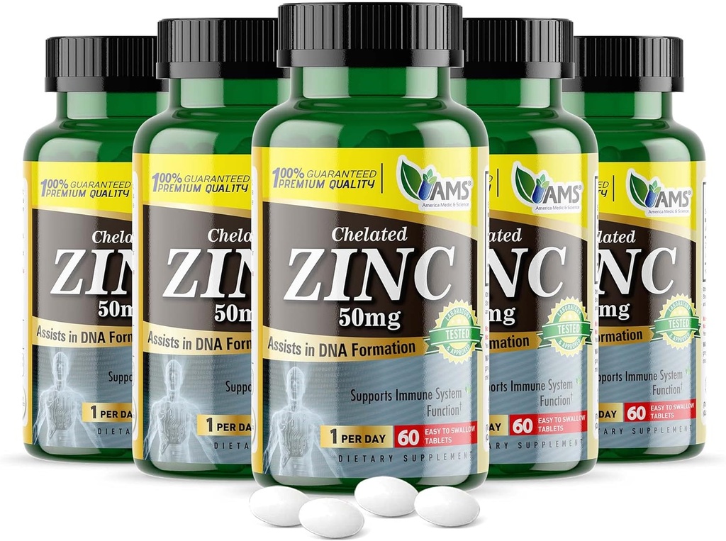 America Medic & Science Chelated Zinc 50 mg Supplements (5 Pack of 60 Tablets) Immune Booster and Powerful Antioxidant Pills for Adults Men and Women | Highly Absorbable Mineral, Improves Mood & Sleep