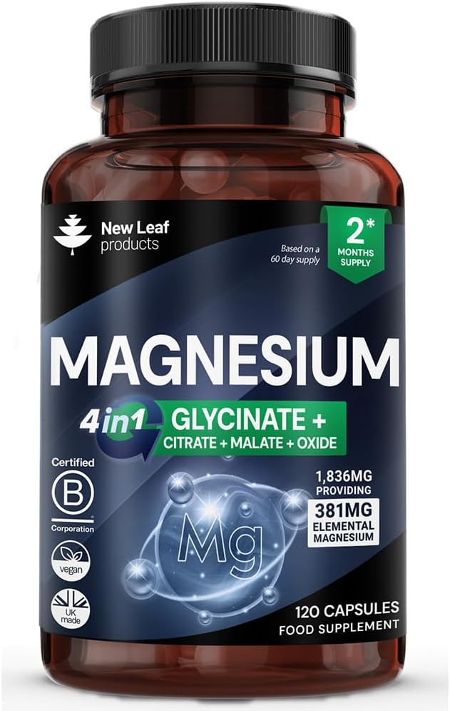Magnesium Glycinate 4-in-1 Complex 2000mg - 449mg Elemental Magnesium High Strength Magnesium supplements - Magnesium Bisglycinate, Citrate, Malate, Oxide - 120 Capsules - Vegan UK Made by New Leaf