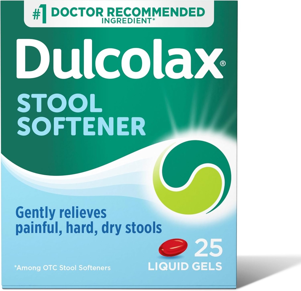 Dulcolax Stool Softtener Laxative Liquid Gel Capsules, Penyimpanan Lembut untuk Hard, Dry Stools, Docurate Sodium 100 mg, 25 Count