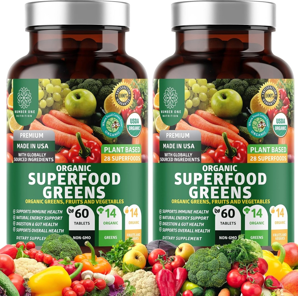 2-Pack N1N Premium Ecológico Verde Superalimentos, Frutas & verduras [28 Ingredientes potentes] Suplemento natural con Alfalfa, Cereza de remolacha " Tart para la energía, inmunidad, digestión, 120 Ct