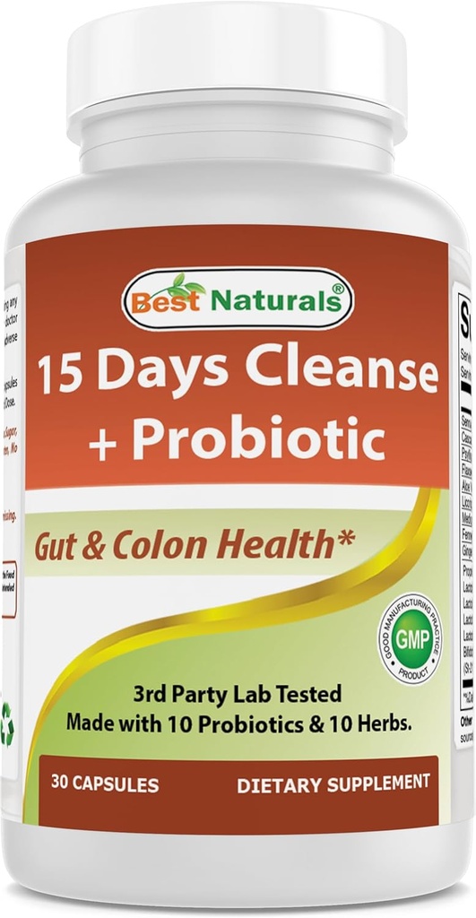 Best Naturals 15 Day Gut & Colon Cleanse + Probióticos para mulleres e homes con Senna, Cascara Sagrada e Psyllium Husk- 30 cápsulas - Non-GMO e Gluten gratis.