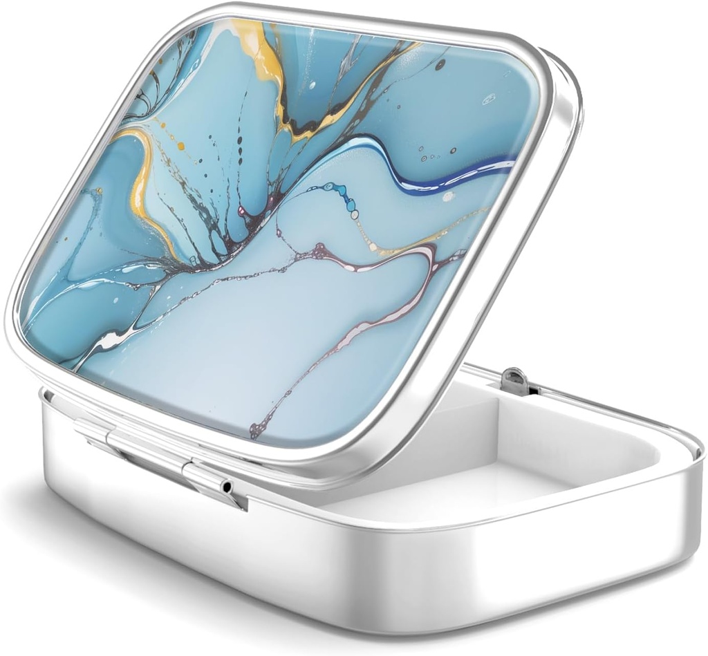 Pillerilaatikko 2 Osasto Lääke pilleri tapauksessa,Portable tasku tai kukkaro pilleri laatikko Koristeellinen Metal Medicine Vitamiini Organizer ainutlaatuinen lahja [Bule Marble)