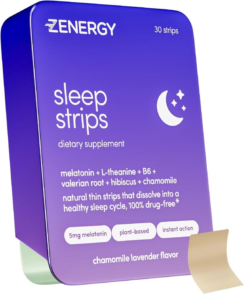 ZENERGY 수면 구두 스트립 - Chamomile Lavender 맛 | 5mg Melatonin + 20mg L-Theanine + 100 % 비타민 B6 + 식물 | 0 설탕, 0 칼로리, 0 글루텐, 채식주의자, 인스턴트 행동 | 1 주석 = 30 스트립