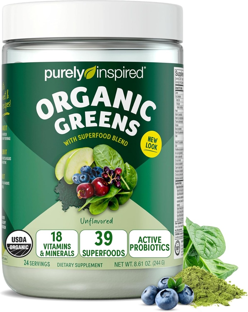 Purely Inspired Organic Green Powder Smoothie Mix, Unflavored (24 서빙) - Gut Health 용 Spirulina & Chlorella와 함께 소화 건강을 위한 Probiotics - Vegan & Gluten-Free