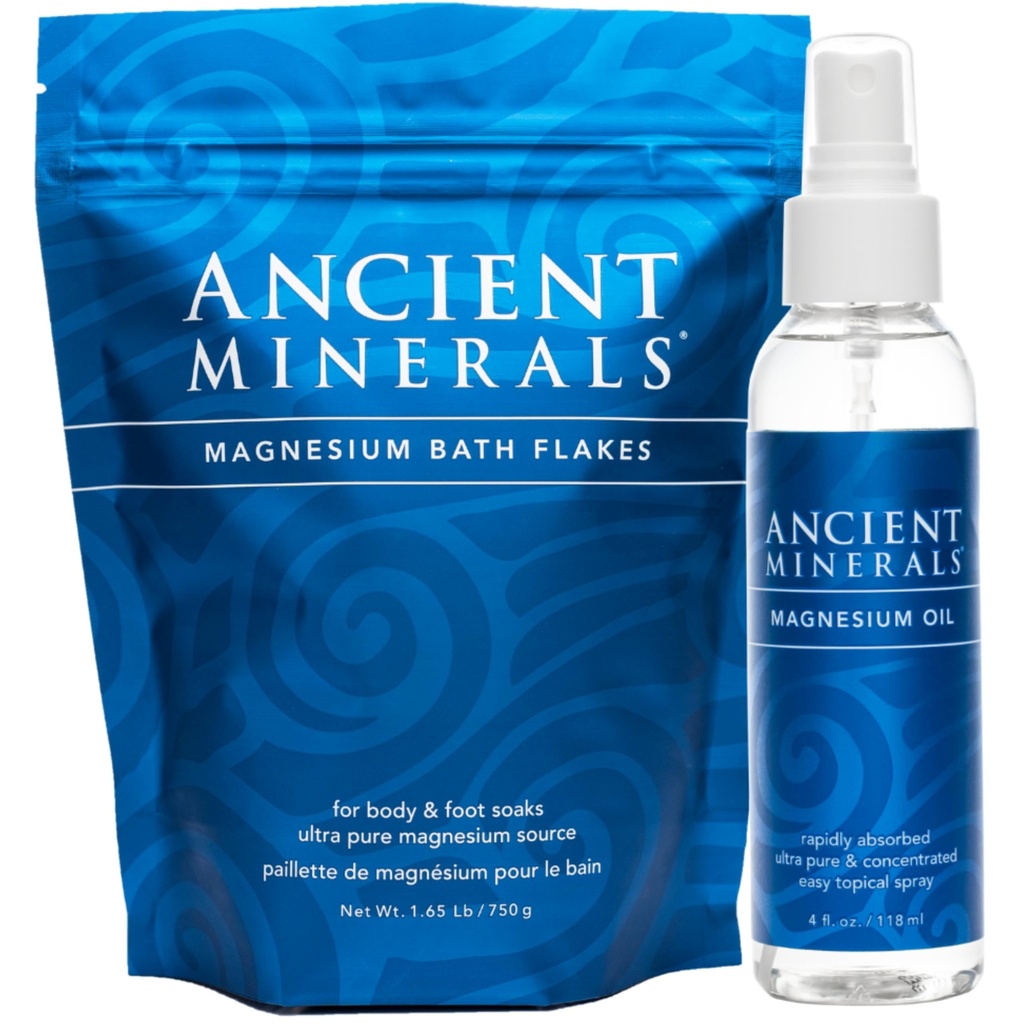 Ancient Minerals Magnesium Bath Flakes and Magnesium Oil Spray Bundle - Pure Genuine Zechstein Chloride