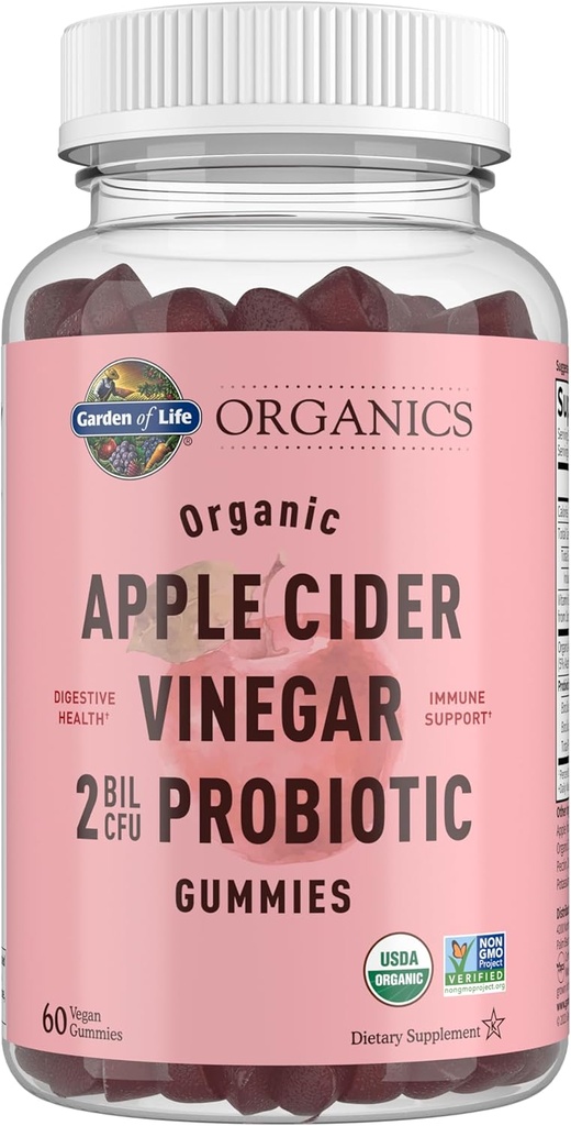 Tuin van het leven Apple Cider Vinegar Probiotic Gummies USDA Biologische ACV Gummy Vitamines, 2 Miljard CFUs, Whole Food Vitamine B12-60 Vegan, Non-GMO Gummies for Digestie & Immunity