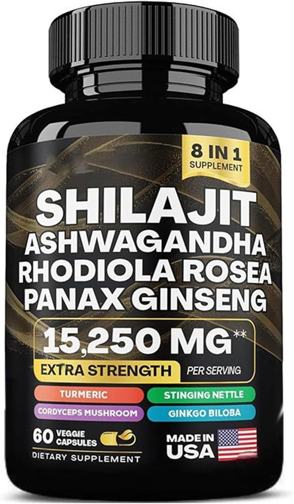 Shilajit 9000 mg, Ashwagandha 2000 mg, Rhodiola Rosea 1000 mg, Panax Ginseng 1500 mg, cordyceps Mushroom 500 mg, Ginkgo Biloba 500 MG, Sting Nettle 250 mg, Tumeric 500 mg.