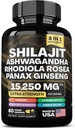 shilajit 9000 mg, Ashwaranda 2000 mg, โรดีโอลา โรซา 1000 mg, Panax Ginsng 1500 mg, Filyps muchle 500 muge, Ginkgo Boba 500 MG, Sting Netle 250 mg, Tummeric 500 mg.