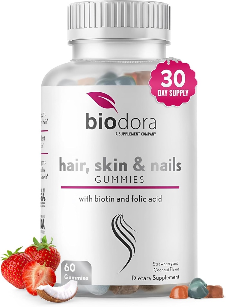 Pele de cabelo e unhas chicletes, pastilhas de biotina de força extra com ácido fólico, inositol e vitaminas, PCOS alívio de sintomas e equilíbrio hormonal, morango sem açúcar e sabor de coco, 60 chicletes