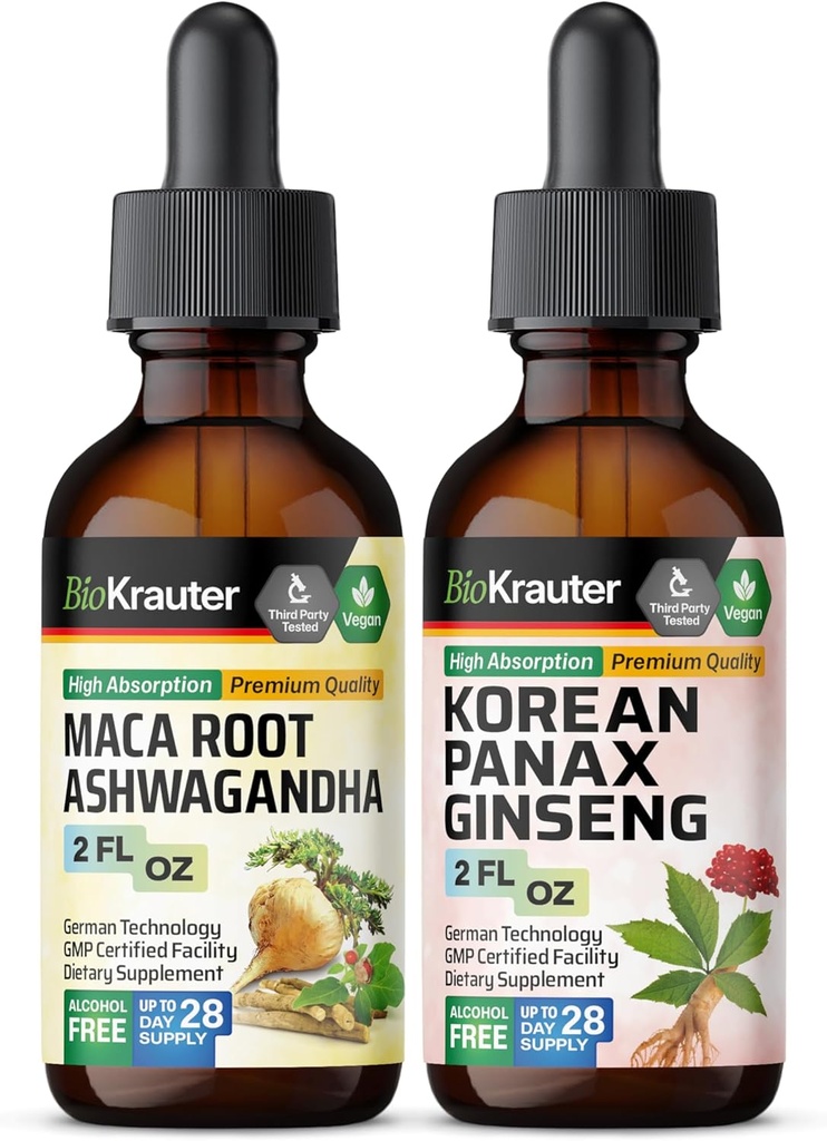 BIO KRAUTER Maca Root Ashwagandha Tainture 2 Fl. Oz. & Korea Panax Ginseng Tincture 2 Fl. Oz.
