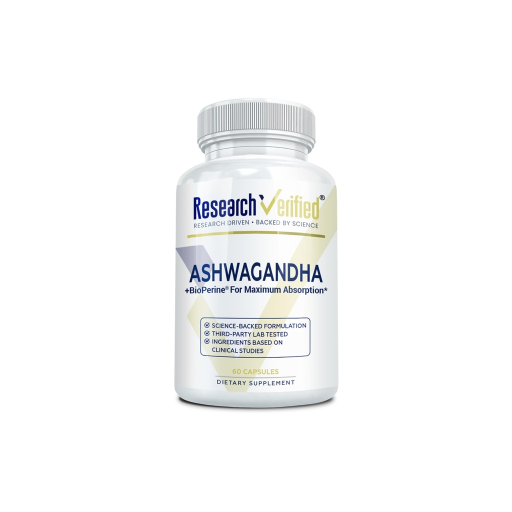 Research Verified Ashwagandha Supplement 1500mg Maximum Strength with Bioperine and Ginger Root, Enhance Cognitive Function - 60 Vegan Capsules (1 Bottle)