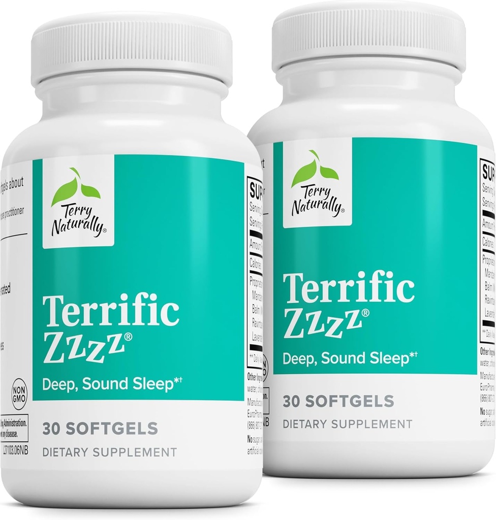 Terry Naturally Terrific Zzzz - Slaapsupplement voor volwassenen - Dieetsupplement met Mandarijn, Lemon Balm & Lavender - Niet-GMO Ontspanning & Slaaphulp - 30 Softgels (2 Pack)