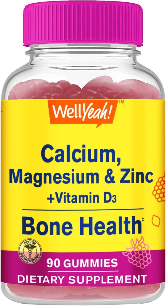 Calcio, Magnesio, Zinco + Vitamina D3 Gummies di WellYes | Bone, Muscle and Nerve Health Support, Supporto immunitario | per gli uomini e le donne | Gluten Free, Non OGM | Raspberry Flavor | 90 Count