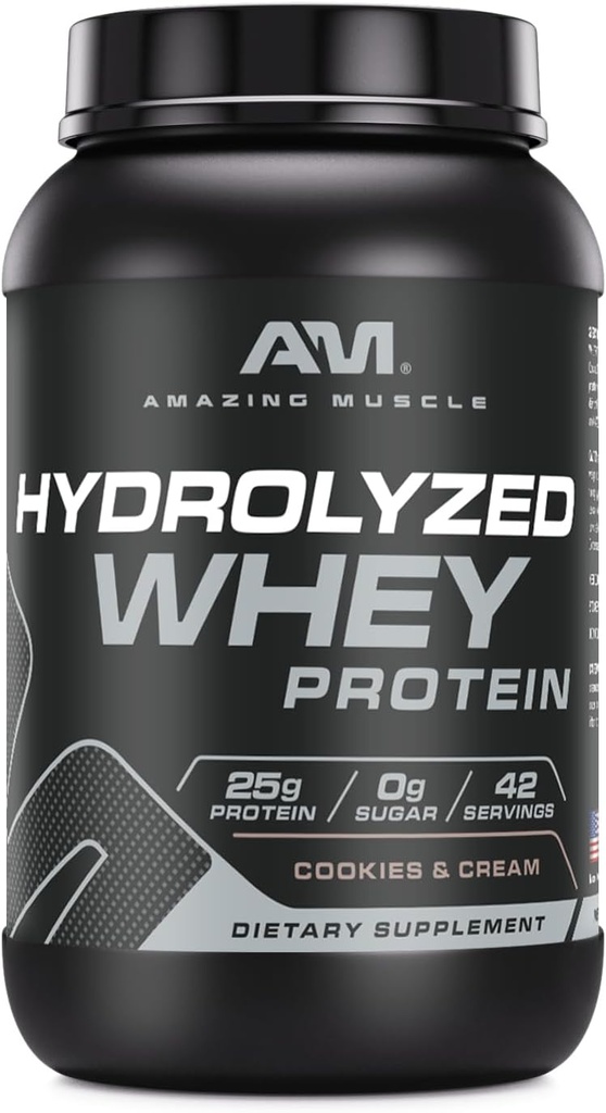 Amazing Muscle Hydrolized Whey Protein Isolate Cookie & Cream Flavor Supplementary A124; 25 G Protein