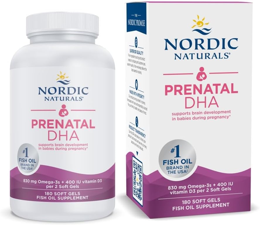 Nordic Naturals Prénatal DHA, non aromatisé - 180 gels mous - 830 mg Oméga-3 + 400 UI Vitamine D3 - soutient le développement du cerveau chez les bébés pendant la grossesse et l'allaitement - non-OGM - 90 portions