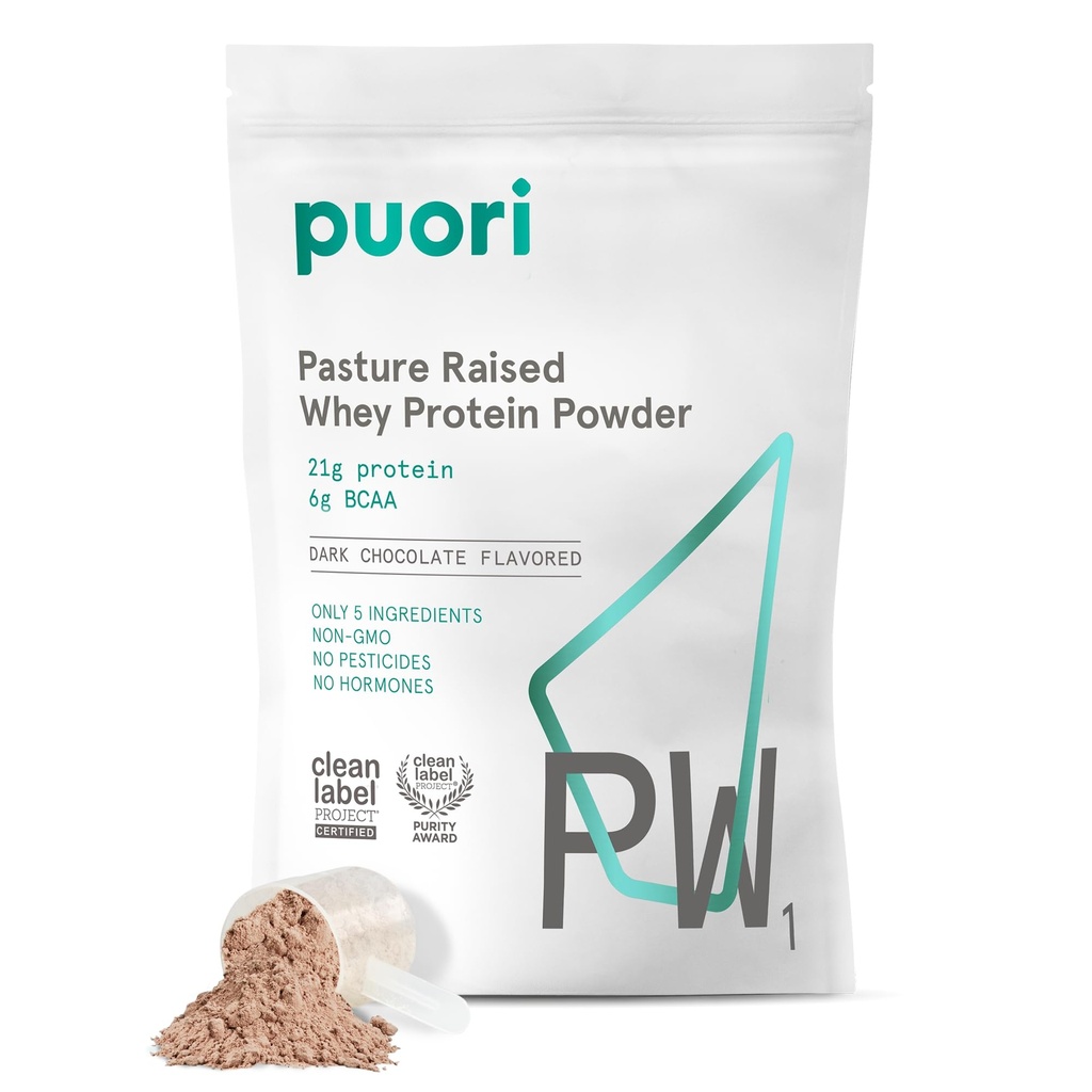 Puori Whey Protein Powder, Dark Chocolate - PW1 Pasture-Raised, Grass-Fed Whey Protein Powder Drink Mix containing BCAA Amino Acids - Post-Workout Supplement for Muscle Gain & Recovery - 30 Servings
