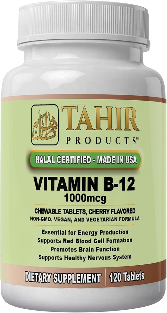 Tahir Halal Vitamina B12 1000mcg: Boosts Energy, Metabolism & Nervous System Health. Vegan &amp; Vegetariano, sin lácteos, 120 tabletas masticables. Made in USA - Certified Halal.