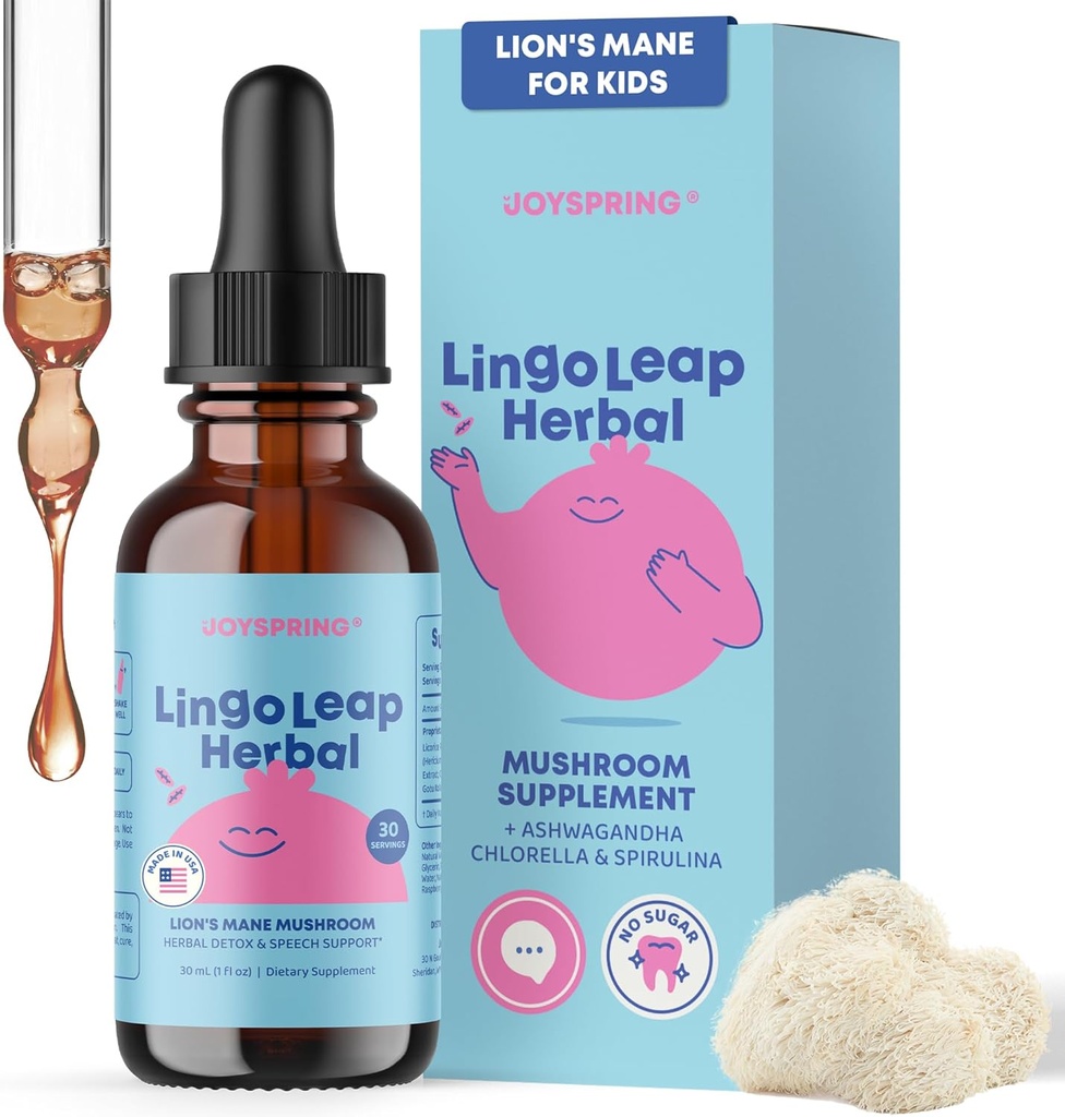 JoySpring Lions Mane untuk Anak-anak; Pidato Delay Tambahan untuk Anak-anak & Toddlers; Lion 's Mane Mushroom, Gou Kola & Ashwagandha untuk Terapi Pidato & Kognitive Dukungan - EasyTake Liquid 124; Lingop Herbal