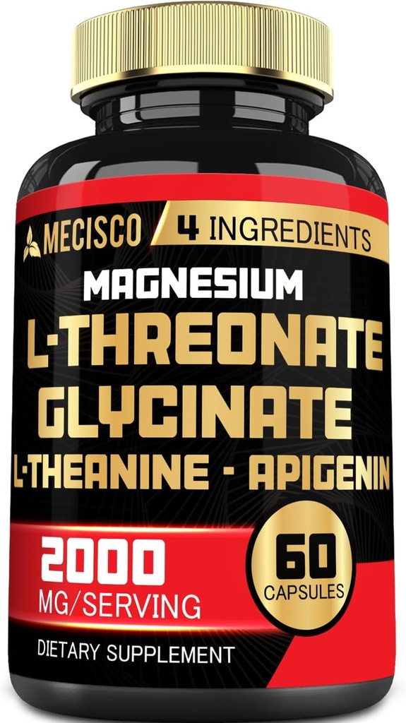 2000mg Magnesium L Threonate Supplement met Magnesium Glycinate, L-Theanine & Apigenin - 60 Capsules - Positive Mood, Brain Health, vermogen om te onthouden & Spiergroei Ondersteuning