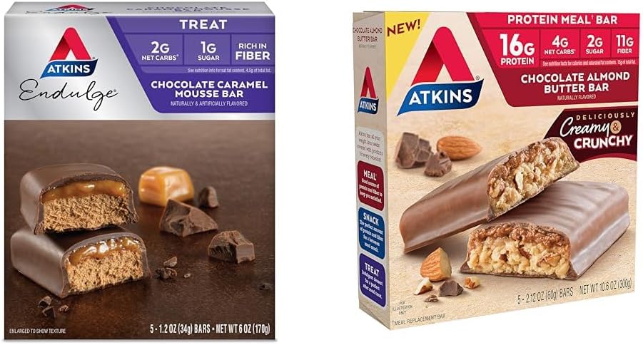 Atkins Endulge Chocolate Barra de Mousse de caramelo, Sobremesa Favorita, 1g de açúcar, Alta em fibra, 5 Count & Chocolate Almond Butter Protein Meal Bar, Keto Friendly, 5 Count