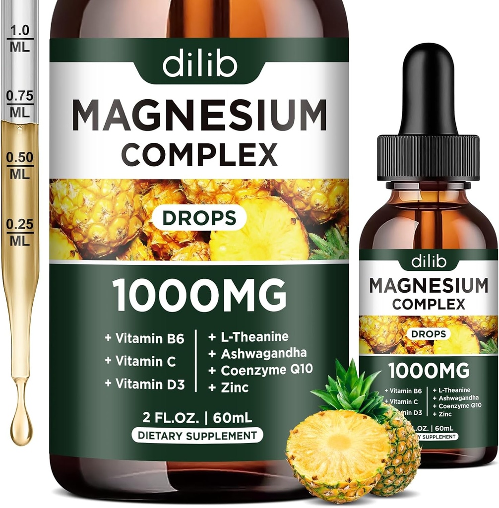Triple Magnézium Complex Supplement, Magnézium Glycinate, Blend, Citrate Liquid Drops 1000mg Ashwagandha, CoQ10, B6, C, D vitamin, Cink - Vegan Ananász Flavor